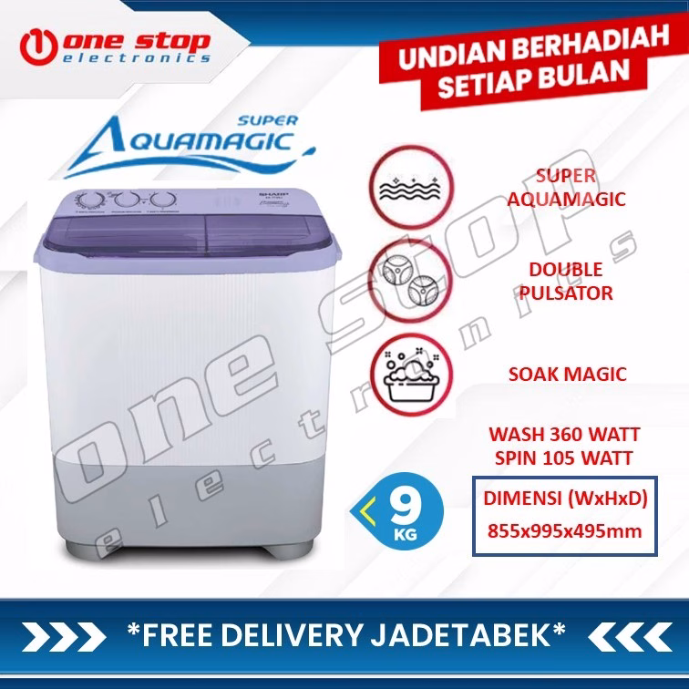 SHARP ES-T95NT-LC Mesin Cuci 2 Tabung Super Aquamagic 9kg