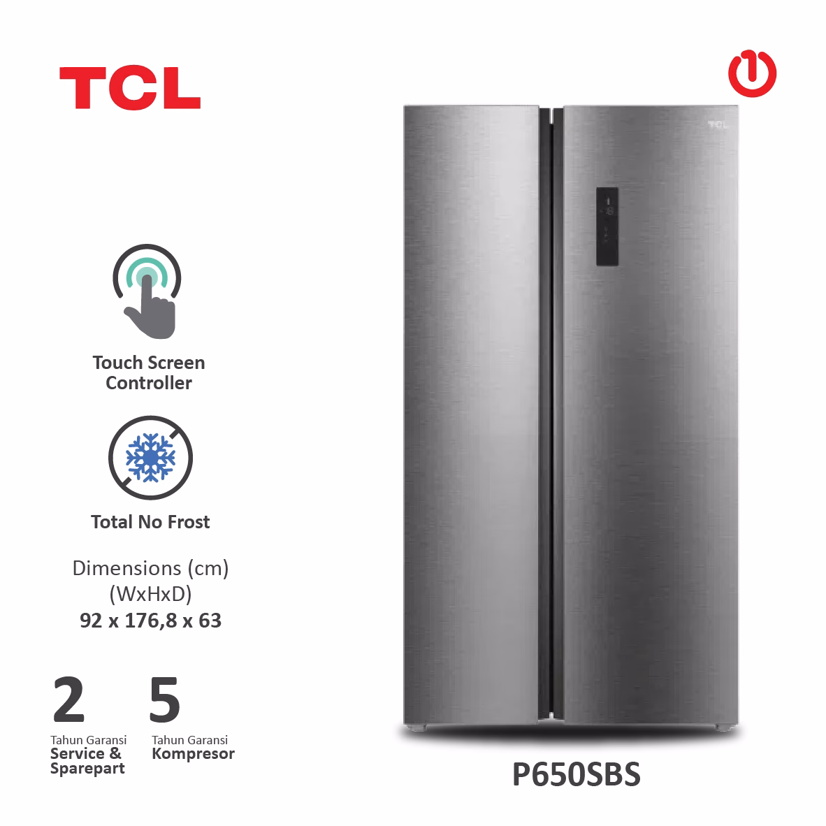 TCL P650SBS Kulkas Side By Side 2 Pintu Metal Door w/ Door Alarm 547L