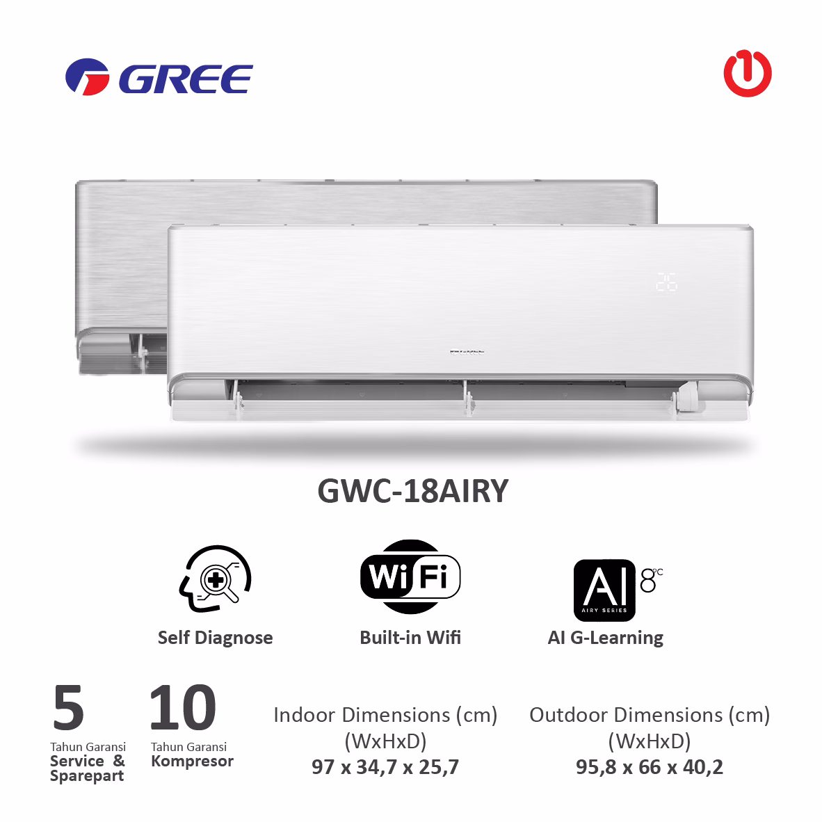 GREE GWC-18AIRY AC INVERTER AIRY Series - 2PK - R32 - Smart Voice Control - Wi-Fi - Gold Fin (Indoor) - Black Diamond Fin (Outdoor) - Silver