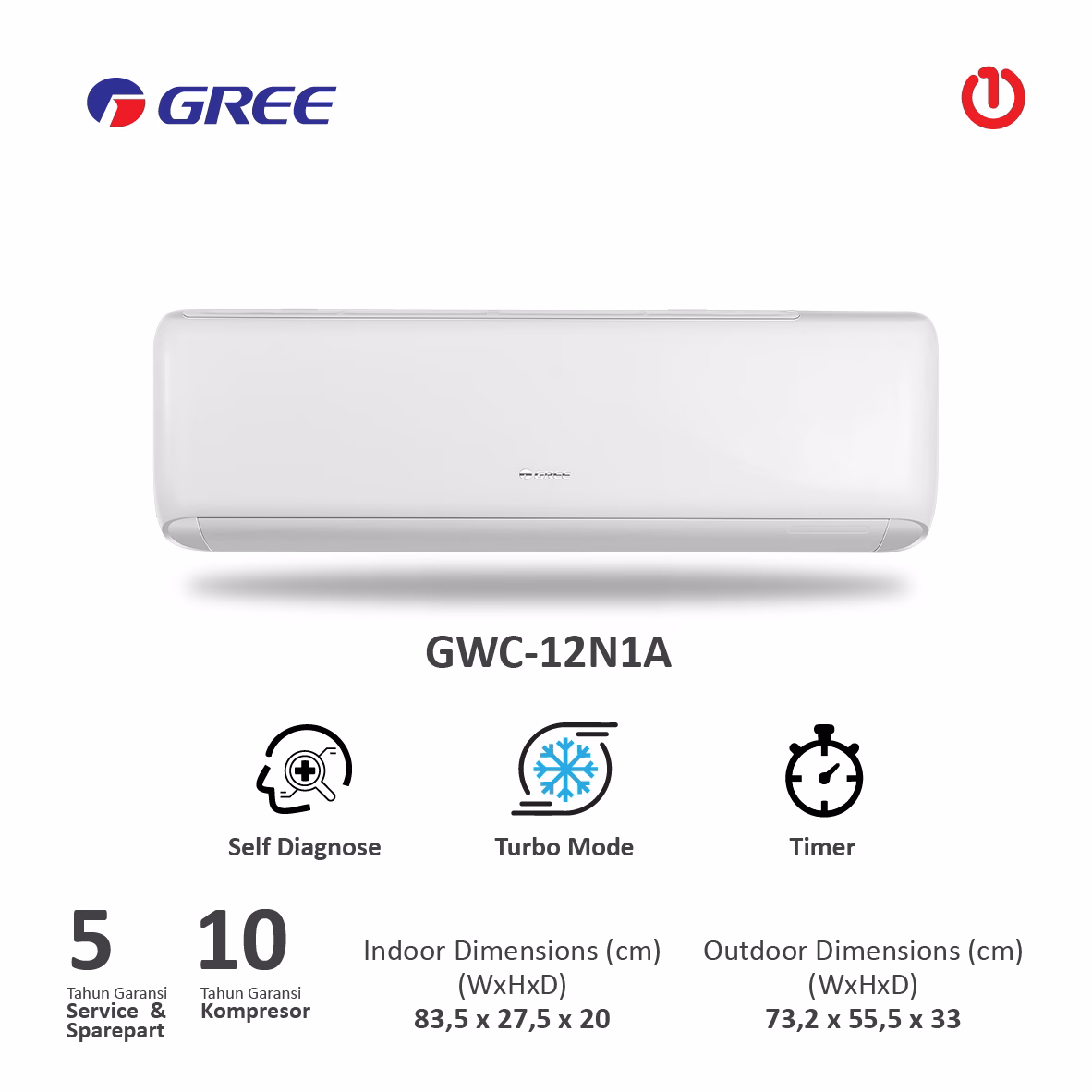 GREE GWC-12N1A AC Split Deluxe Standard BLACK DIAMOND FIN 1.5PK