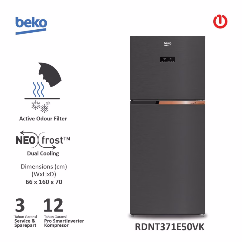 BEKO RDNT371E50VK Kulkas 2 Pintu ProSmart Inverter & HarvestFresh 372L