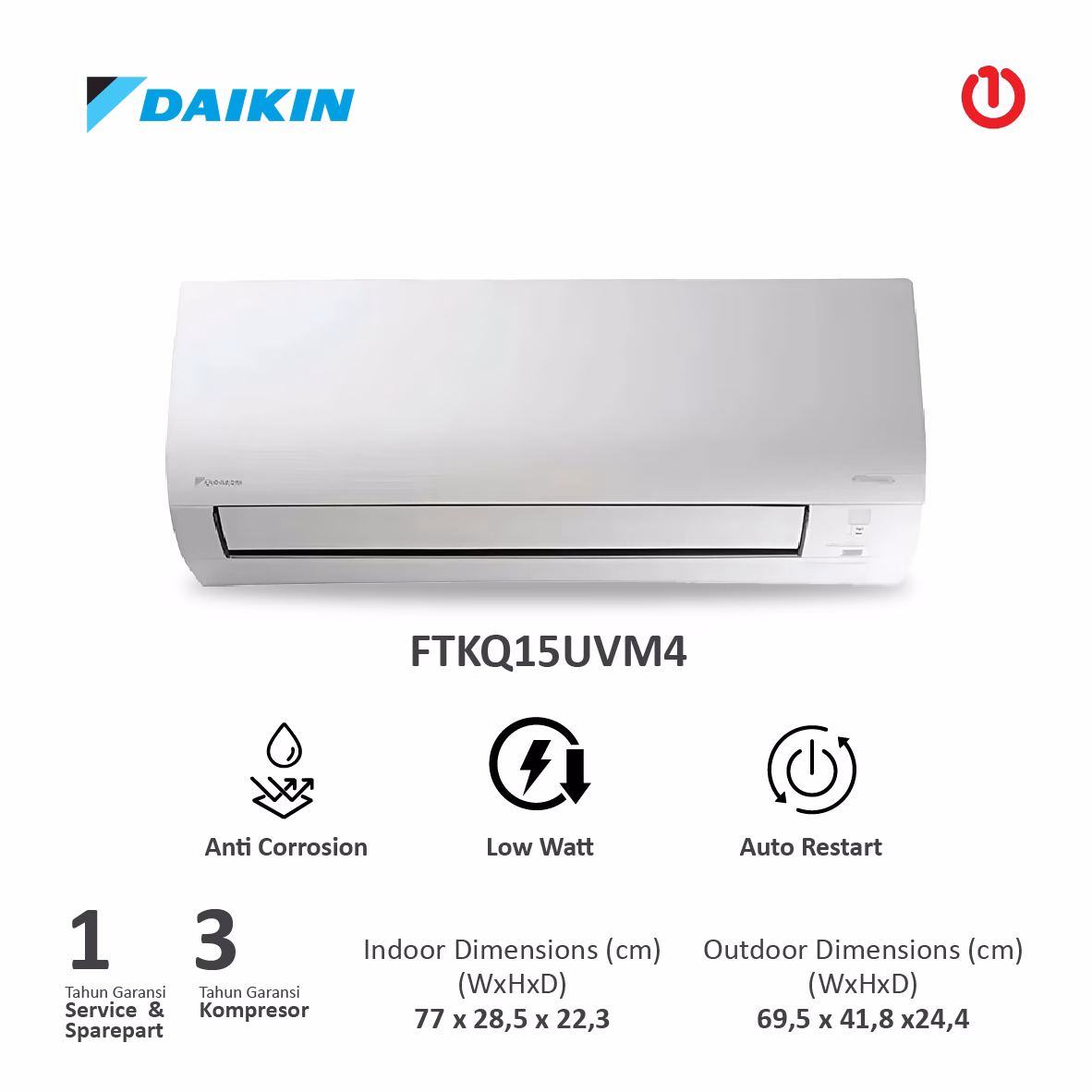 DAIKIN FTKQ15UVM4 / FTKQ15 AC FLASH Inverter 0.5PK Thailand STKQ15
