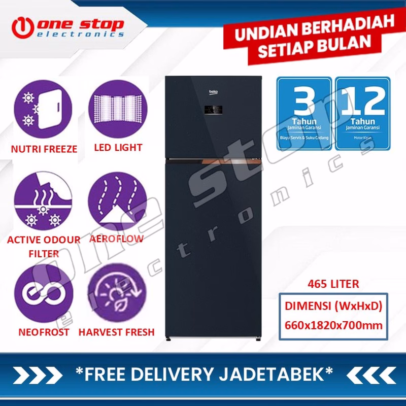 BEKO RDNT466E40VUGBL Kulkas 2 Pintu ProSmart Inverter 465L - Uni-Blue Glass