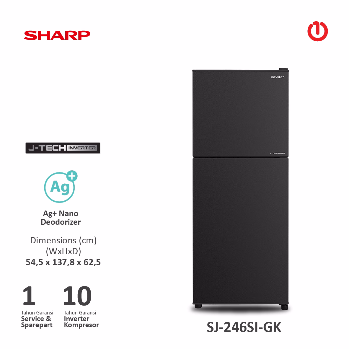SHARP SJ-246SI-GK Kulkas 2 Pintu Shine J-Tech Inverter Series 187 L - SJ246SIGK | 187 Liter