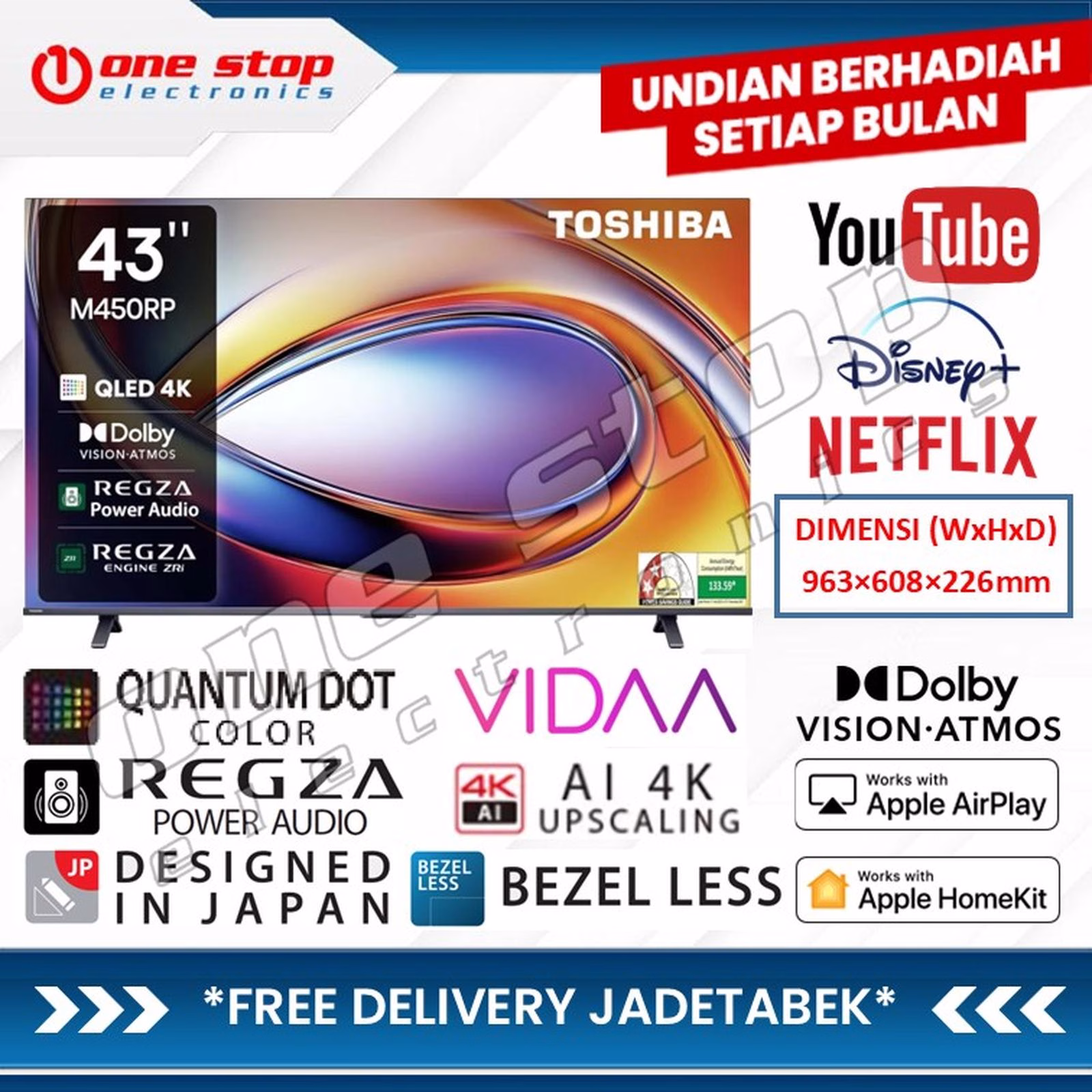 TOSHIBA 43M450RP QLED 4K UHD Smart TV 43 Inch | Dolby Vision-Atmos - VIDAA OS | 43 M450 RP / M450RP