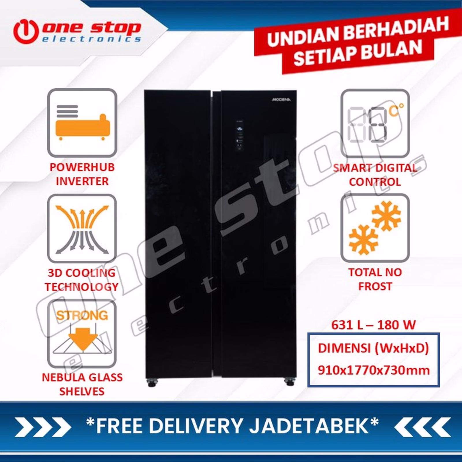 MODENA RF 6310 SLBG Kulkas Side by Side PowerHub Inverter 631L