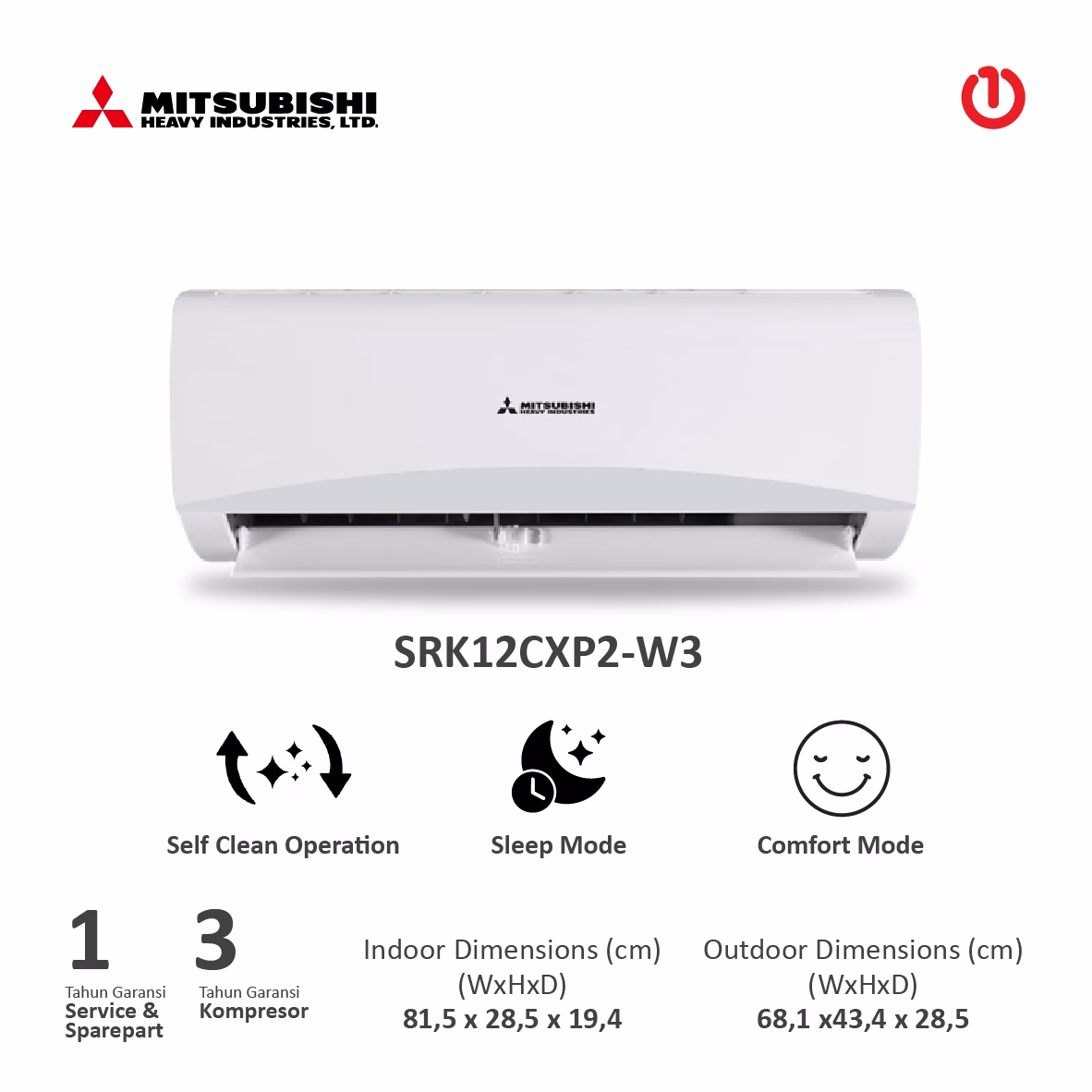 MITSUBISHI HEAVY INDUSTRIES SRK12CXP2-W3 / SRK12CXP-W3 AC Split 1.5PK
