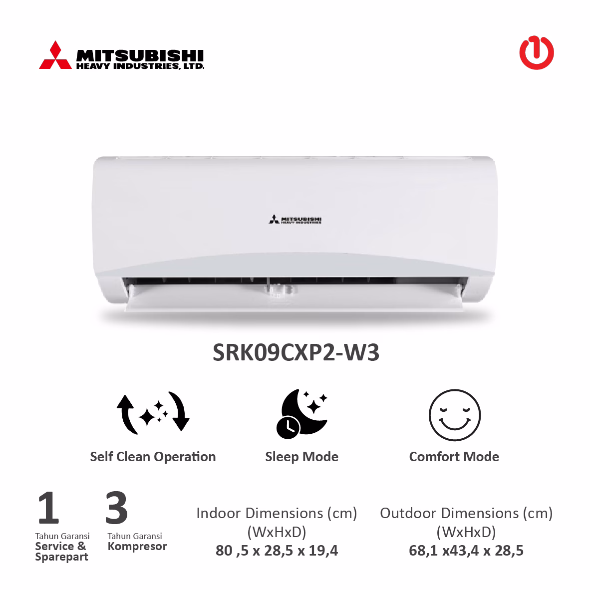 MITSUBISHI HEAVY INDUSTRIES SRK09CXP2-W3 AC Super Single Split 1PK