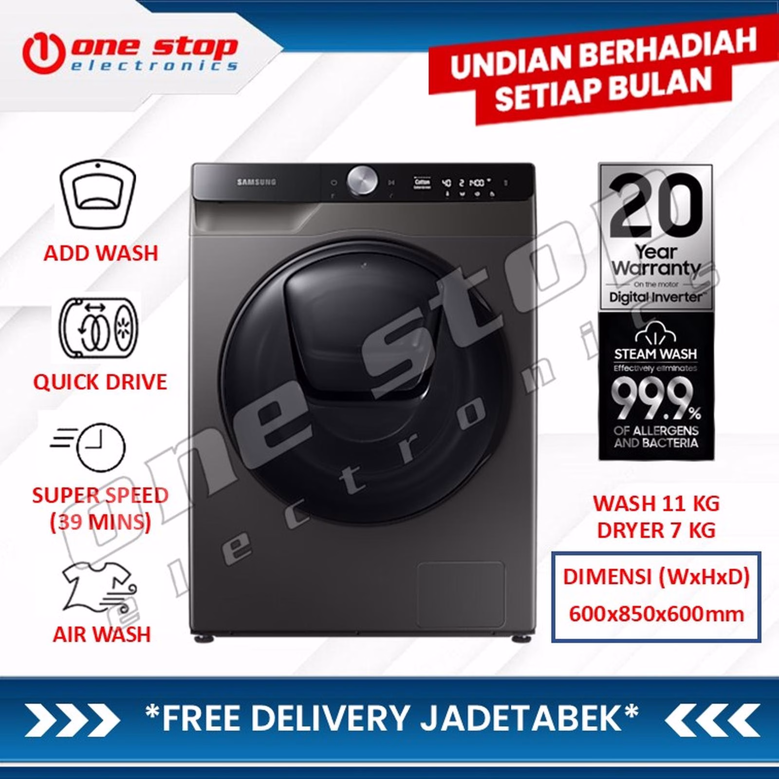 SAMSUNG WD11T754DBX Mesin cuci w/Ecobubble and AI Control 11/7 KG