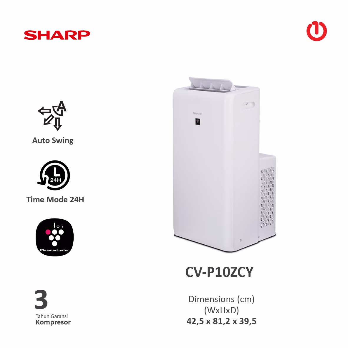 SHARP CV-P10ZCY AC PORTABLE w/ Plasmacluster 1PK