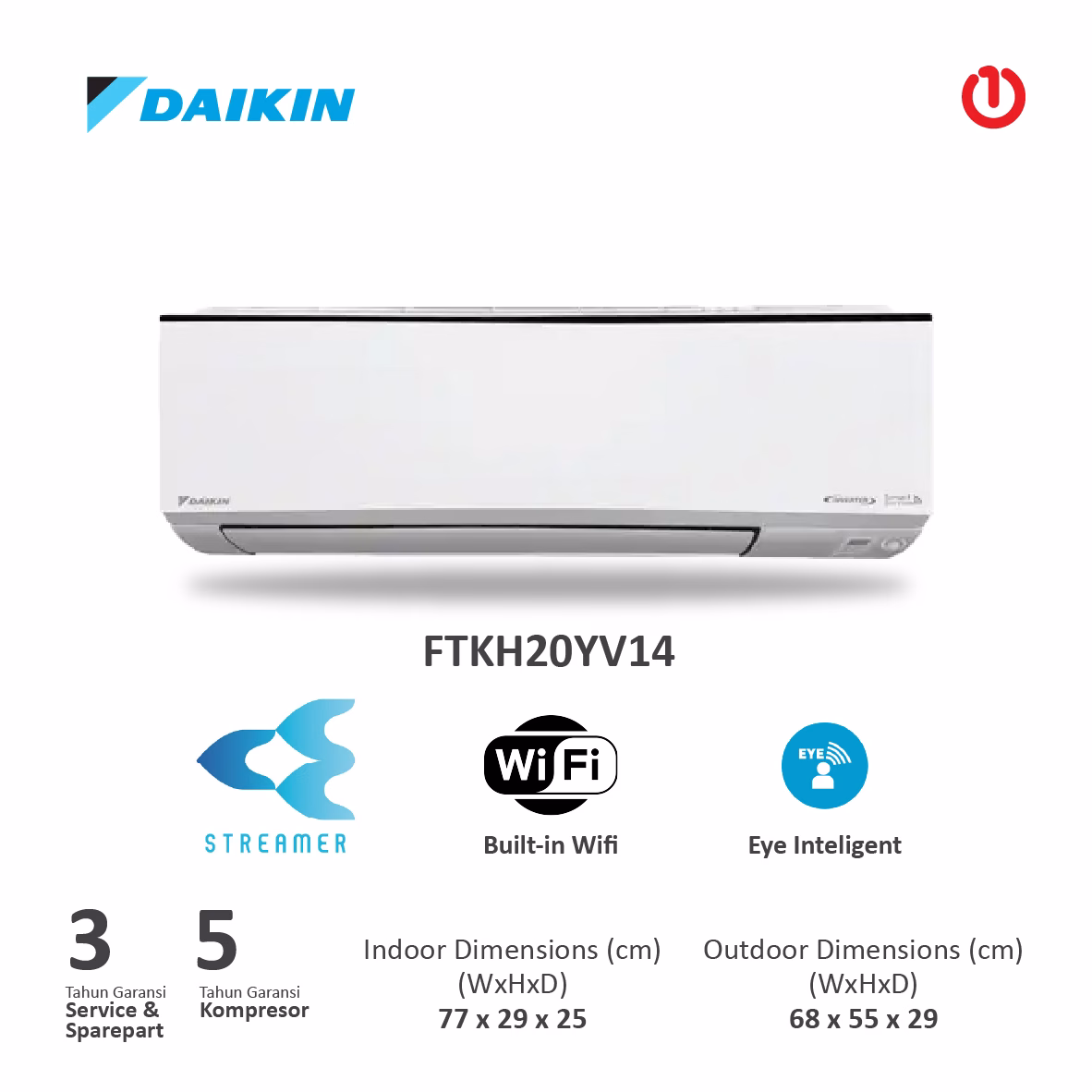 DAIKIN FTKH20YV14 AC Split Alpha Inverter 0.75PK R32 - Indonesia | Blue Fin Coating - Built-in WIFI - Filter Gin-Ion | FTKH20 / FTKH-Y Series