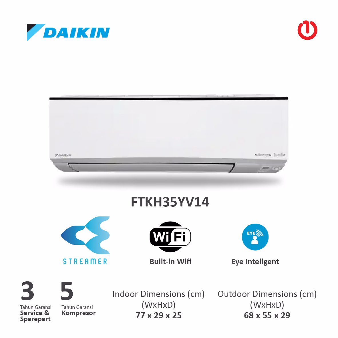 DAIKIN FTKH35YV14 AC Split Alpha Inverter 1.5PK R32 - Indonesia | Blue Fin Coating - Built-in WIFI - Filter Gin-Ion | FTKH35 / FTKH-Y Series