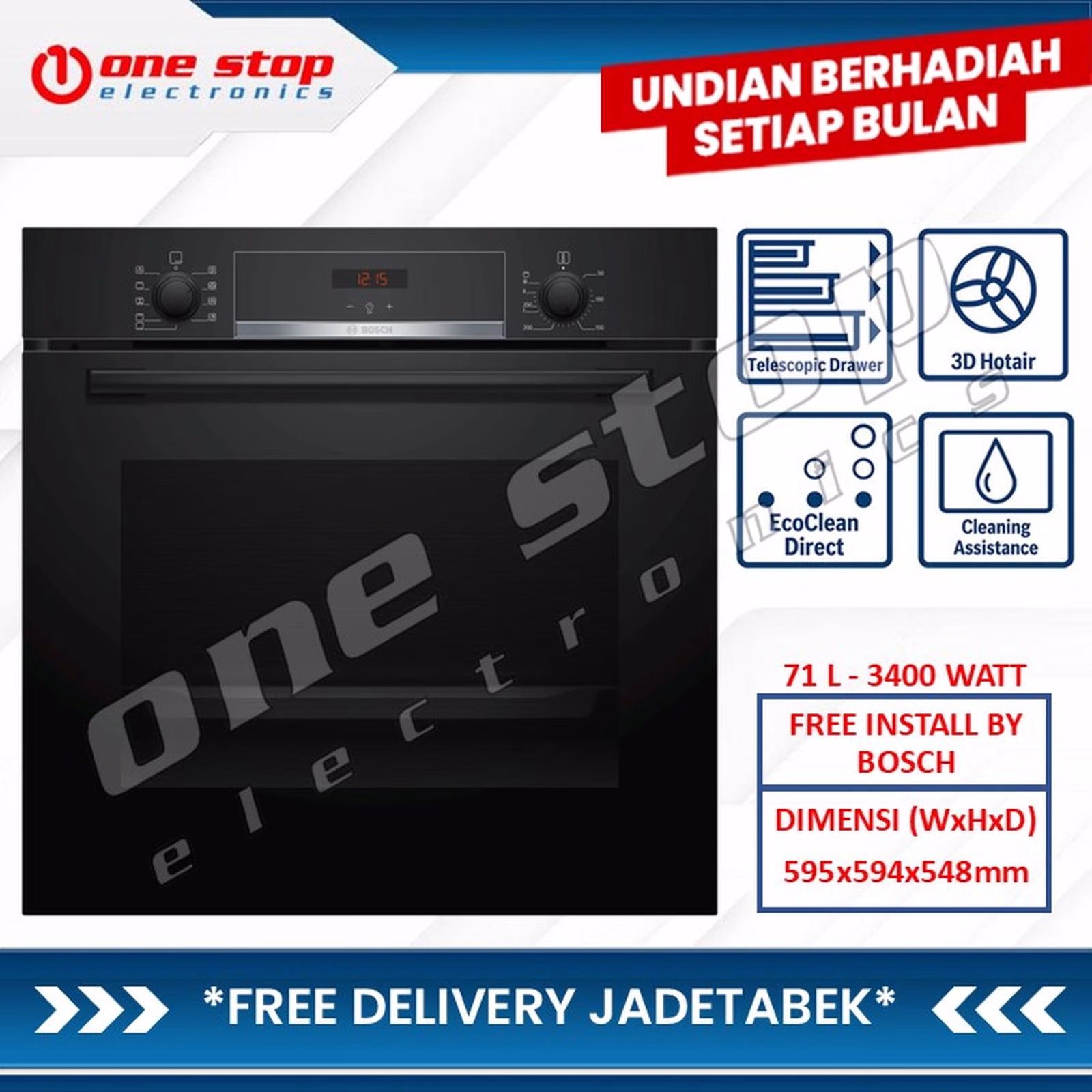 BOSCH HBA534EB0K Built In Electric Oven Tanam Listrik Seri 4 - 60cm - 71 Liter