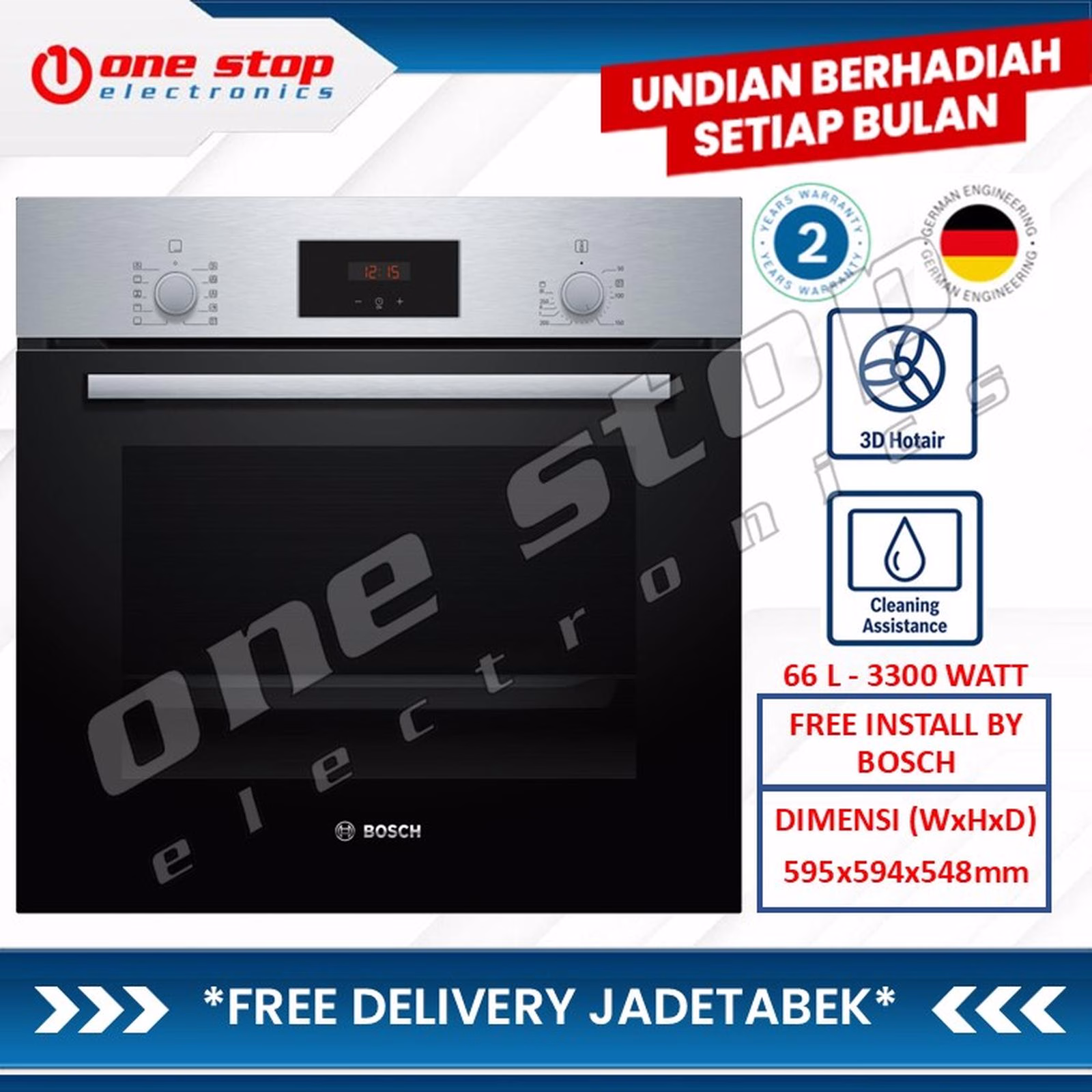 BOSCH HBF512BS1T (Silver) Built In Electric Oven Tanam Listrik Serie 2 | 66 Liter - Silver (HBF512BS1T)