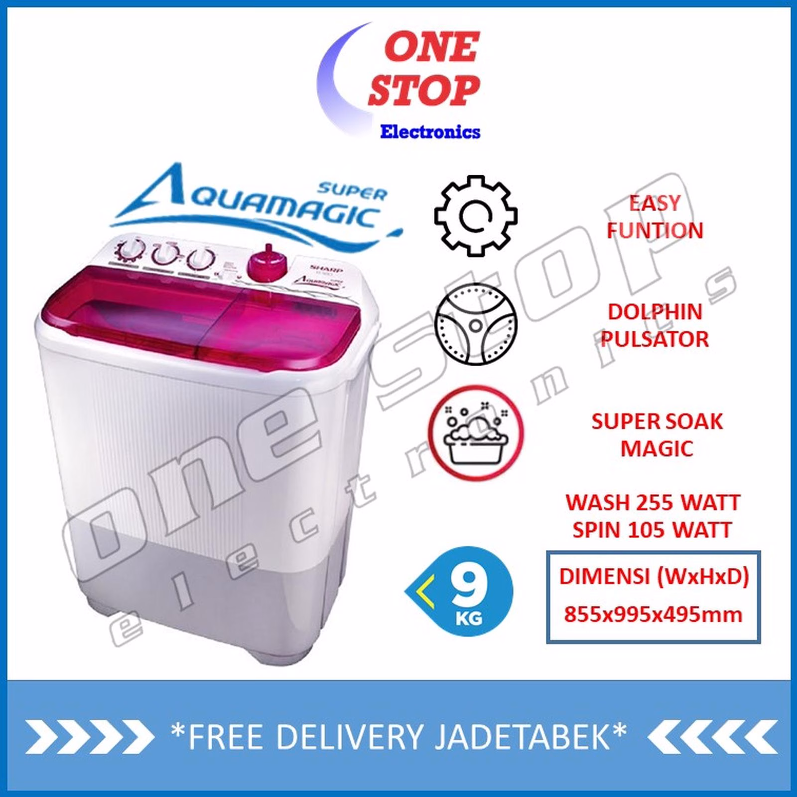 Sharp ES-T95CR-PK Mesin Cuci 2 Tabung 9kg (Pink)