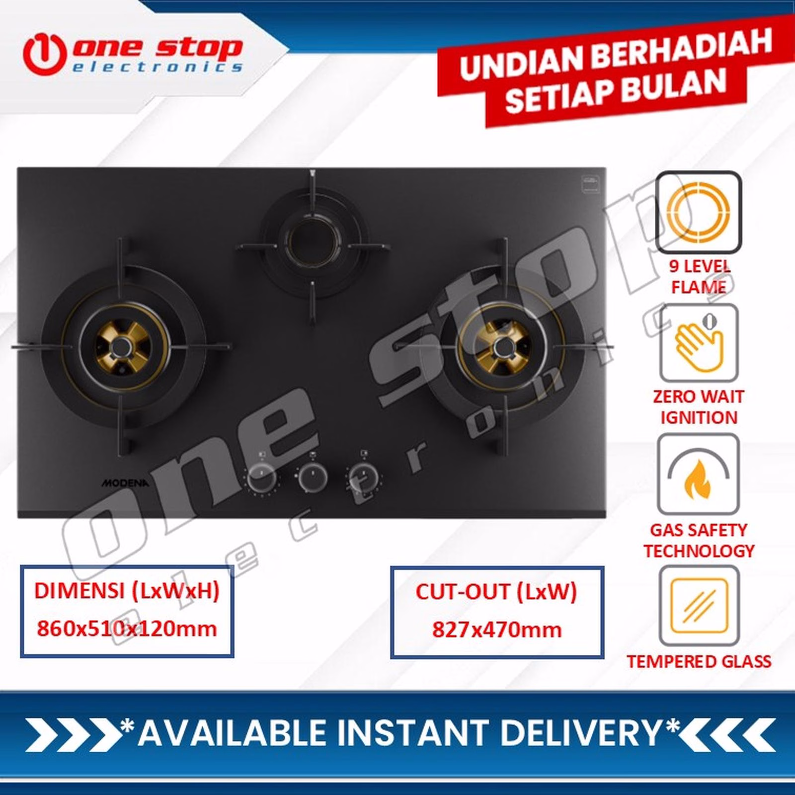 MODENA BH 2933 JABM Kompor Gas Tanam 90 cm 3 Tungku | 9 Level Flame Selector - Lifetime warranty Glass
