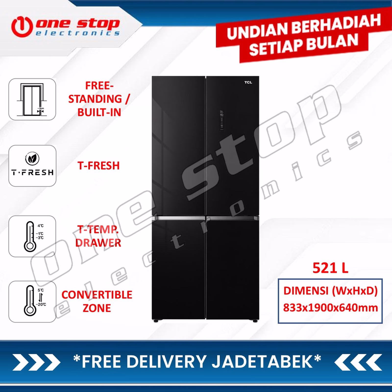 TCL C610CD Kulkas Multi Door 4 Pintu Glass Door 521L - Black -