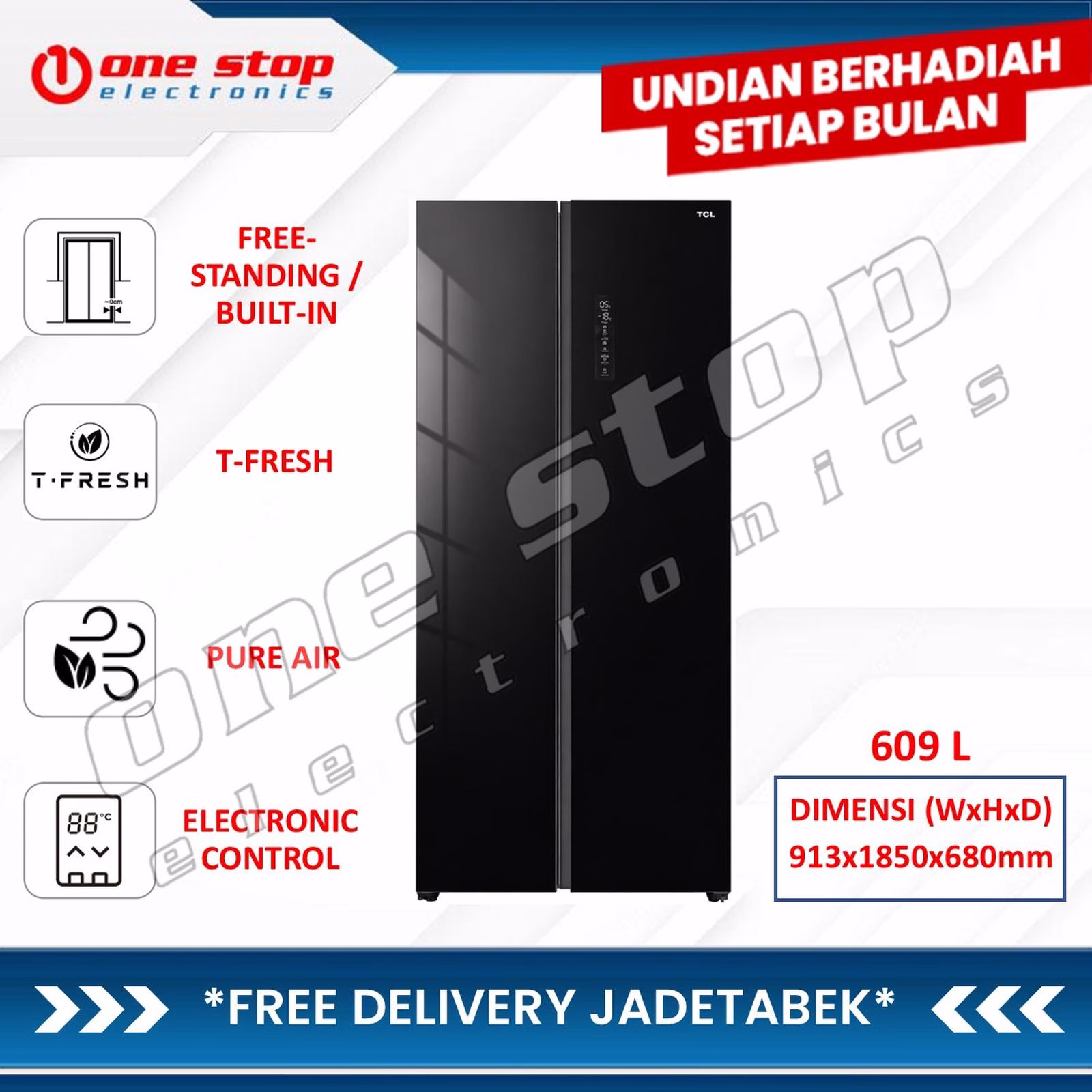 TCL C710SBS Kulkas Side By Side 2 Pintu Glass Door 609L - Black -