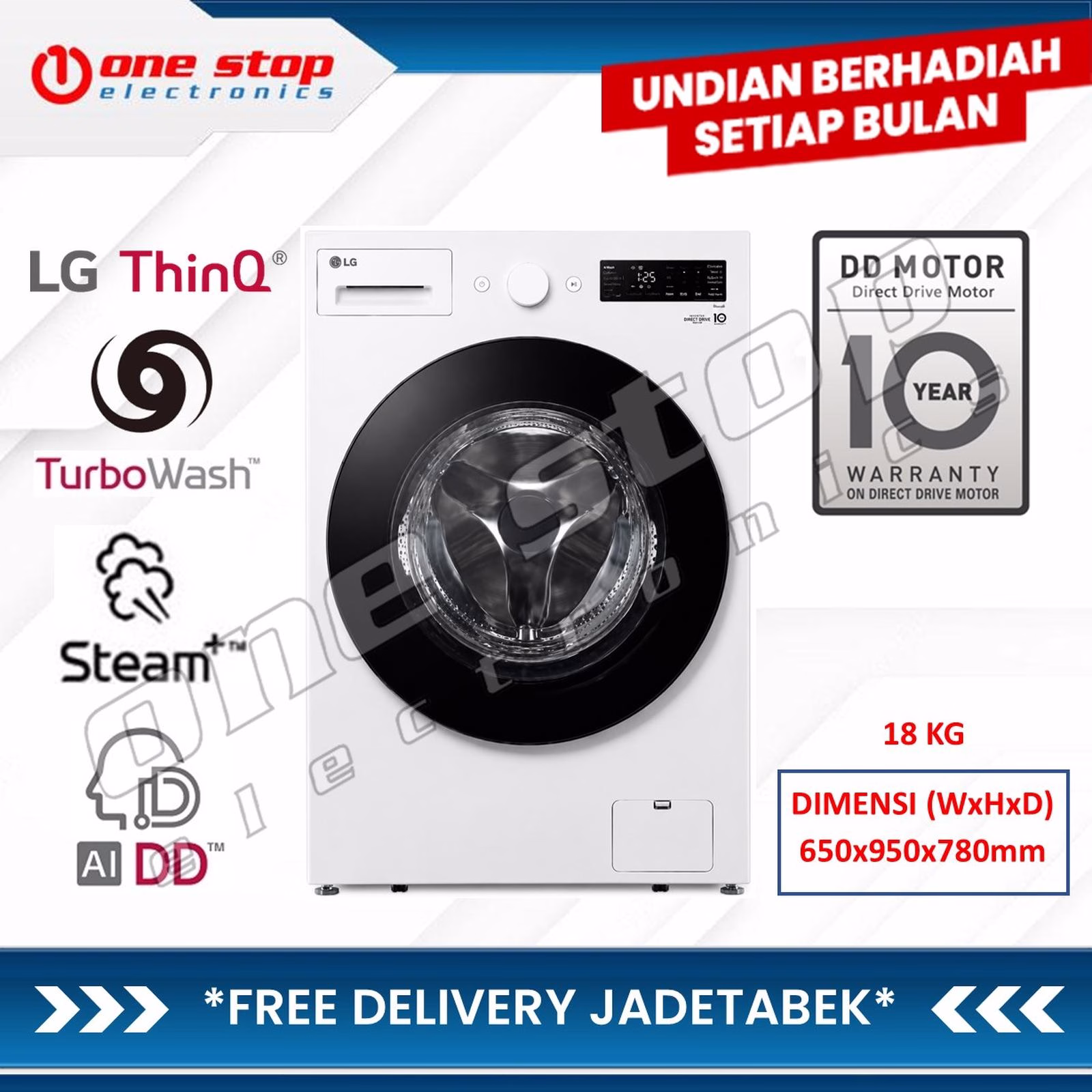 LG F2518SNEW2 Mesin Cuci Front Loading 18Kg | AI DD - TurboWash 360 - Inverter Direct Drive - ThinQ (Wi-Fi) - Steam