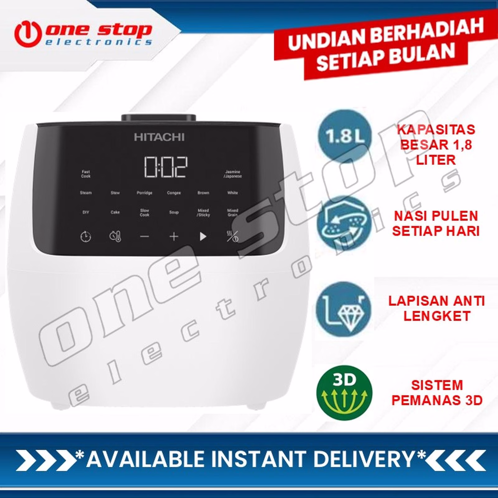 HITACHI RZ-R18XN W Rice Cooker / Penanak Nasi Digital 1.8L - LED Touch Control - Lava Flow Design - Non-Stick Coating