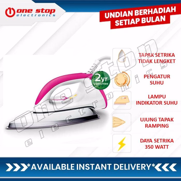 PHILIPS HD-1173 Setrika Kering 350 Watt - Merah Muda