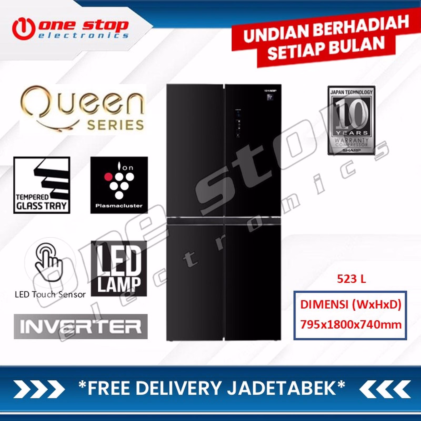 SHARP SJ-IF61PG-BK Kulkas Multi Door 4 Pintu Inverter 523L - BLACK GLASS - Plasmacluster